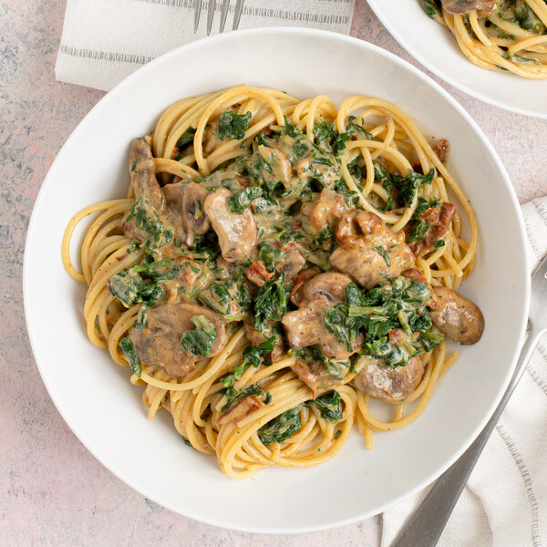 Sun-Dried Tomato Spaghetti Alfredo with Spinach & Mushrooms