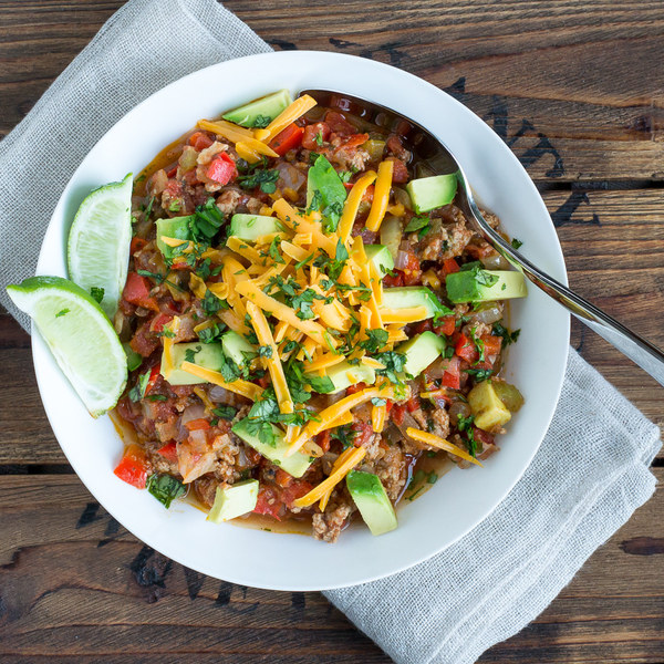 Turkey & Vegetable Chili with Avocado, Cheddar & Cilantro