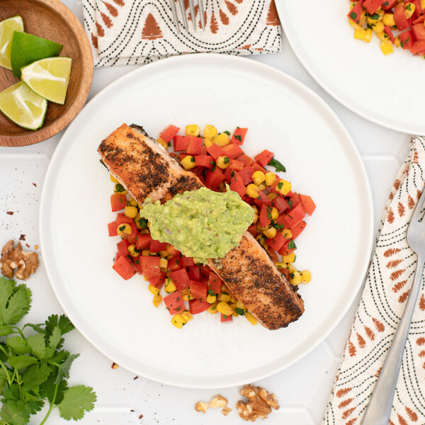 Mexican Spiced Salmon with Walnut Guacamole & Bell Pepper-Corn Sauté