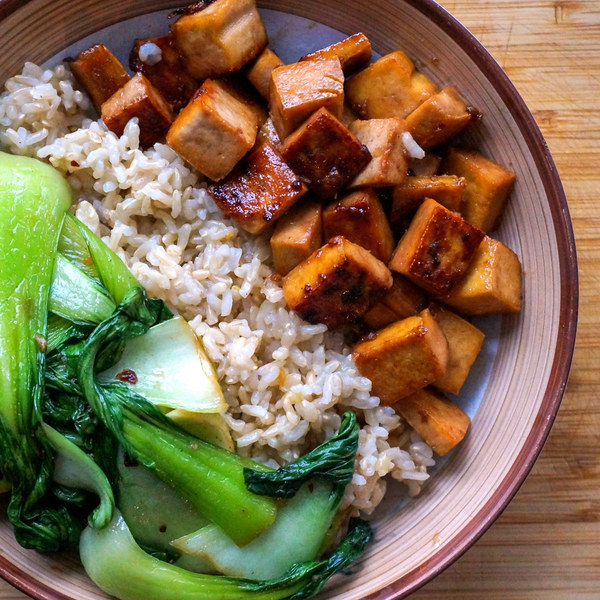 Maple Glazed Tofu with Garlic Sautéed Bok Choy & Basmati Rice