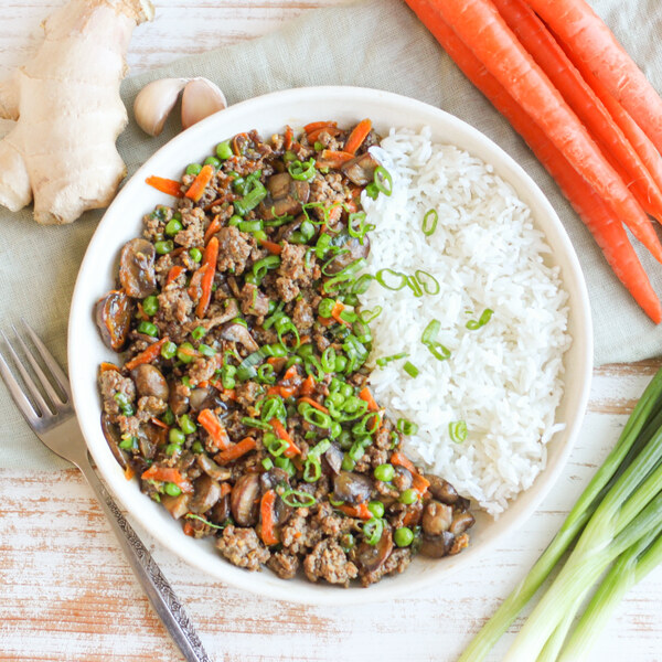 Japanese Ginger Beef Skillet with Mushrooms, Peas, Green Onions & Rice