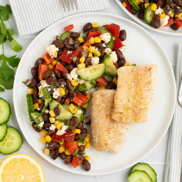 Broiled Lemon Cod with Bean, Corn, Cucumber, Cilantro & Feta Salad