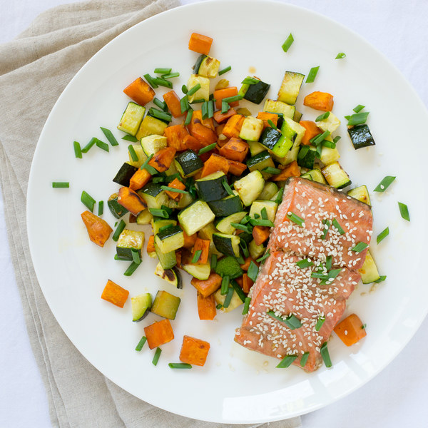 Asian-Style Salmon with Roasted Zucchini & Sweet Potatoes