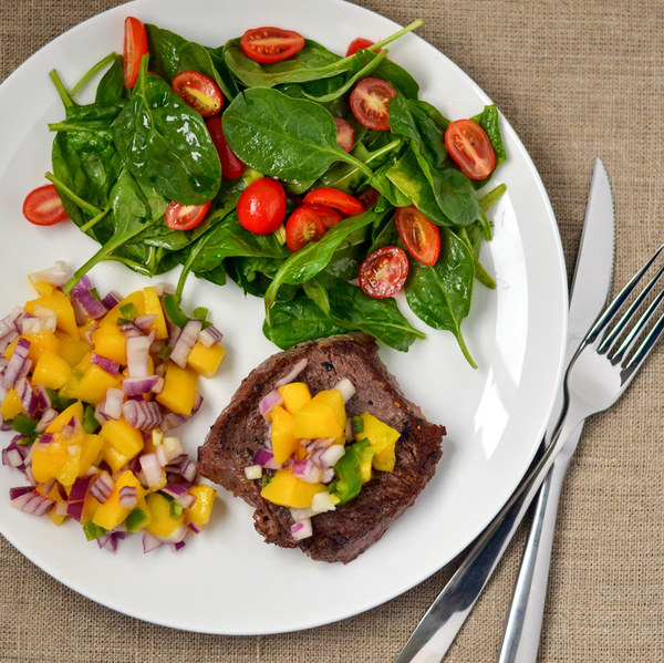 Grilled Steak with Mango Salsa & Spinach-Tomato Salad