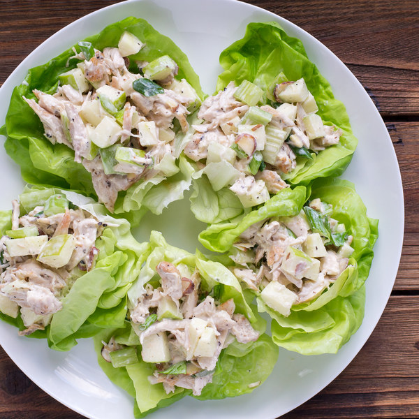 Creamy Chicken, Apple & Almond Salad in Lettuce Cups