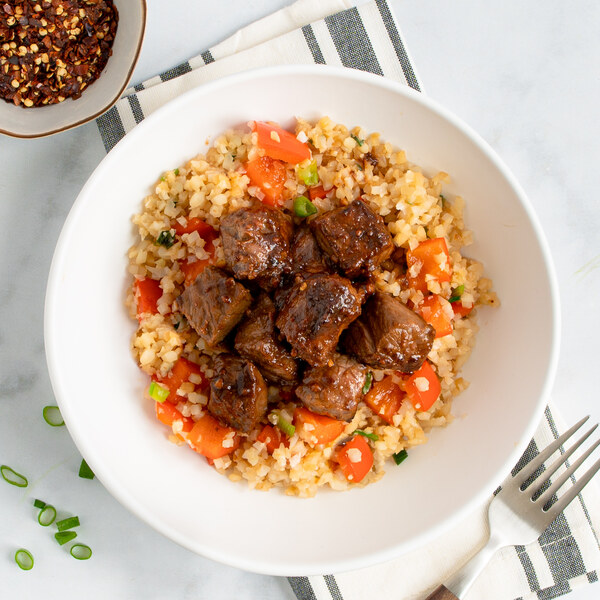 Spicy Garlic-Miso Steak Bites with Pepper & Onion Cauliflower Rice 