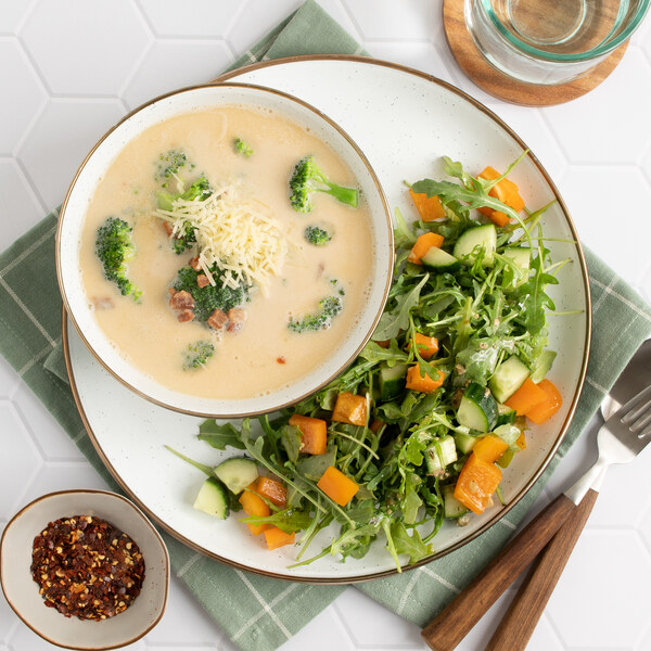 Cheesy Broccoli-Bacon Soup with Bell Pepper, Cucumber & Arugula Salad