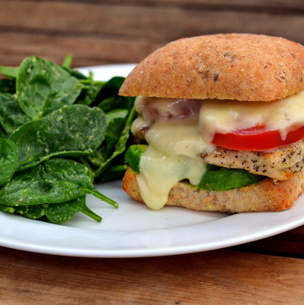 Chicken & Fresh Mozzarella Sandwich with Avocado & Spinach Salad