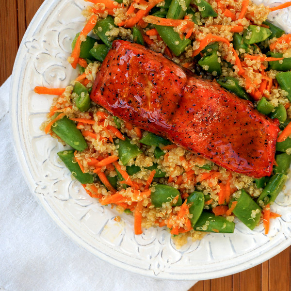 Maple Glazed Salmon with Sugar Snap Pea, Carrot & Quinoa Salad
