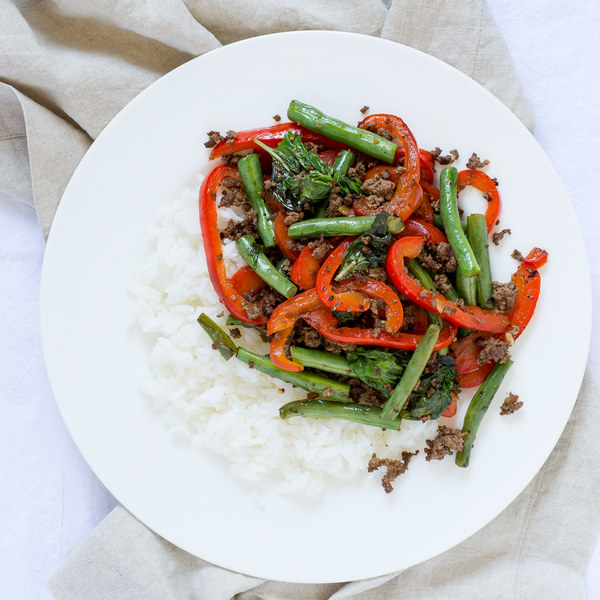 Ground Beef, Green Bean & Bell Pepper Stir Fry with Jasmine Rice