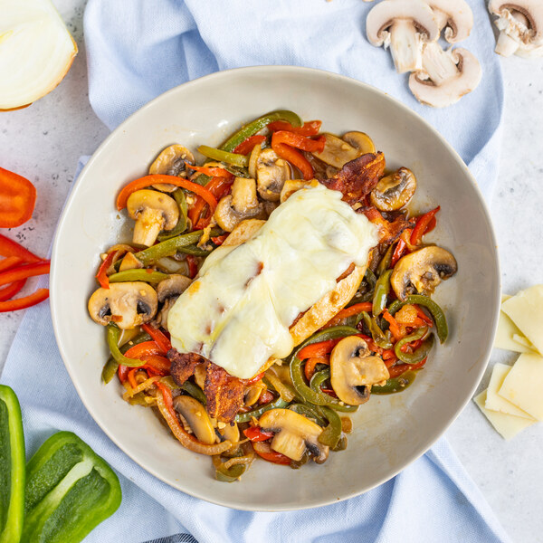Ginger-Soy Chicken with Mozzarella, Bacon, Bell Peppers & Mushrooms