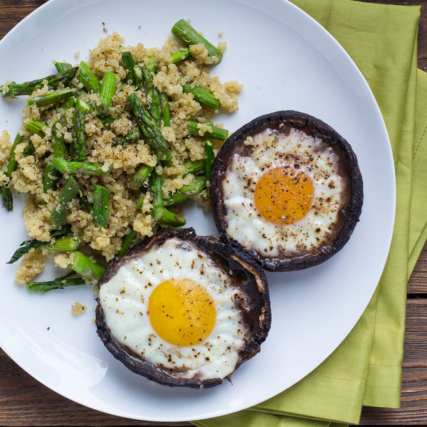 Portobello Mushroom Egg Bakes with Asparagus & Parmesan Quinoa