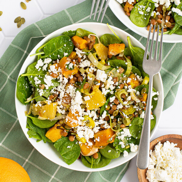 Warm Squash, Leek, Orange, Lentil & Spinach Salad with Goat Cheese