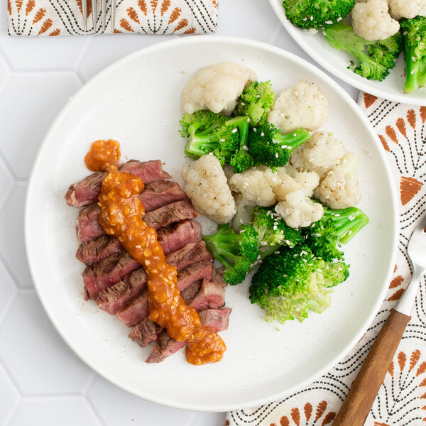 Grilled Ribeye with Spicy Miso Sauce & Sesame Steamed Veggies