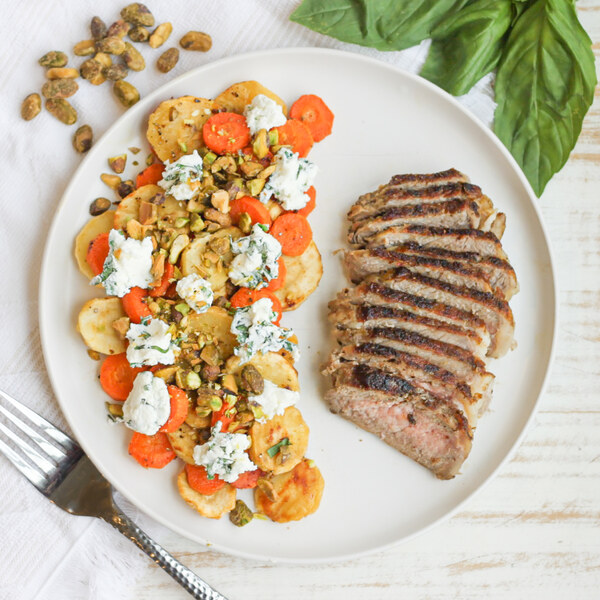 Masala Steak with Cardamom Root Veggies, Goat Cheese & Pistachios