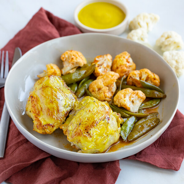 Baked Honey Mustard Chicken Thighs with Cauliflower & Snap Peas