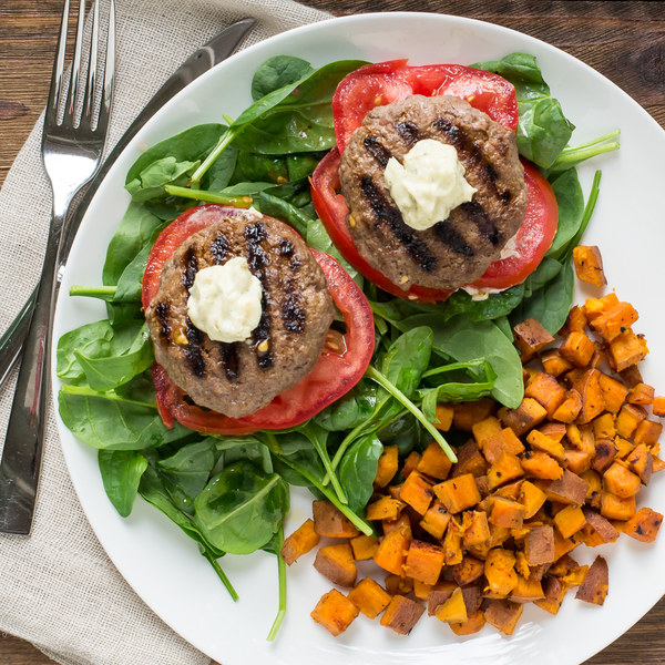 Bunless Beef Burgers with Sautéed Sweet Potatoes