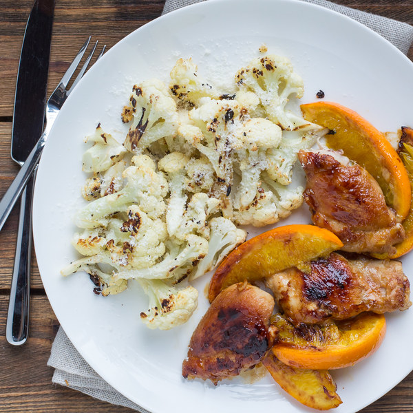 Orange-Glazed Chicken Thighs with Roasted Parmesan Cauliflower