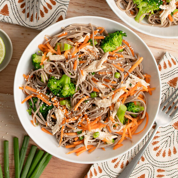Sesame Chicken Soba Noodle Bowl with Broccoli, Carrots & Miso Dressing