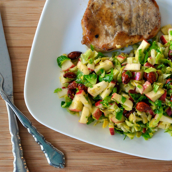 Pork Chops with Brussels Sprouts, Apple & Almond Salad