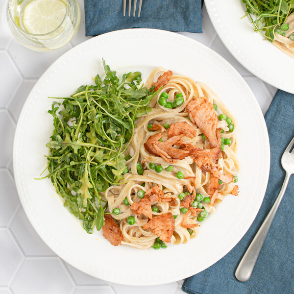 Fettuccine Alfredo with Crispy Smoked Salmon & Honey-Mustard Arugula