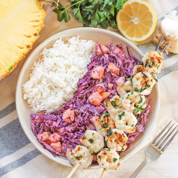 Grilled Garlic Shrimp Skewers with "Piña Colada" Coleslaw & Rice