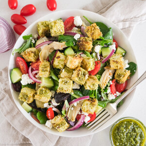 Baked Pesto Tofu over Tomato, Cucumber, Onion, Artichoke & Feta Salad