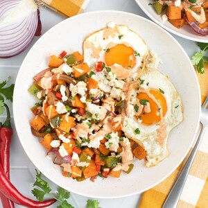 Sheet Pan Sweet Potato Hash with Peppers, Fried Eggs & Paprika Aioli