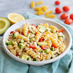 White Bean Pasta Salad with Tomato, Cucumber, Avocado & Pine Nuts