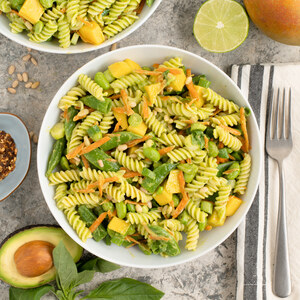 Mango-Avocado Pesto Pasta Salad with Snap Peas, Edamame & Pine Nuts
