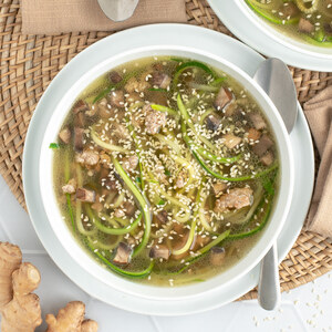 Pork, Portobello Mushroom & Zucchini Noodle Soup with Sesame Seeds