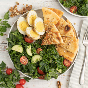 Kale Salad with Nutty Middle Eastern Spiced "Dukkah" Eggs & Flatbread