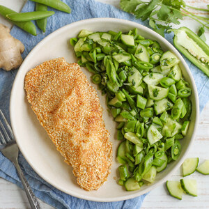 Sesame Crusted Chicken with Snap Pea, Cucumber & Cilantro Salad