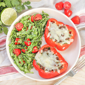 Cheesy Ground Beef "Taco" Stuffed Peppers with Lettuce & Tomato Salad
