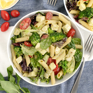 Almond Pesto Pasta Salad with Broccoli, Greens & Fresh Mozzarella