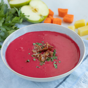 Creamy Beet, Potato & Apple Soup with Crispy Prosciutto