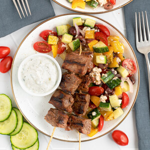 Grilled Balsamic Steak Skewers with Greek Salad & Tzatziki Sauce