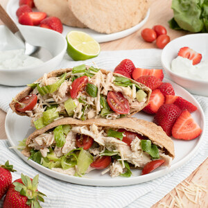Chicken Caesar Salad Pitas with Strawberries & Lime Yogurt Dip