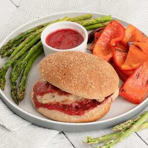 Grilled Chicken Burger with Raspberry BBQ Sauce, Asparagus & Peppers