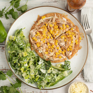 Chicken Ranch Pita Pizza with Corn, Spicy Honey & Romaine Salad 