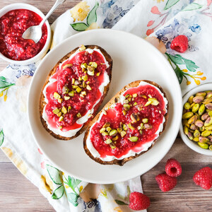 Toast with Cream Cheese, Honey-Crushed Raspberries & Pistachios