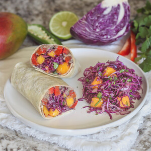 Creamy Black Bean Wraps with Sautéed Bell Peppers & Mango-Cabbage Slaw