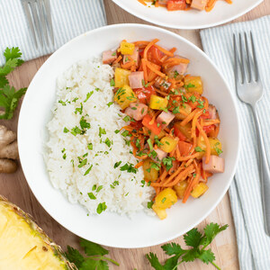 Ham, Pineapple & Bell Pepper Stir-Fry over Jasmine Rice with Cilantro