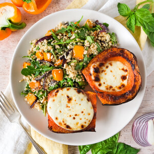 Roast Butternut Squash with Fresh Mozzarella & Couscous-Arugula Salad