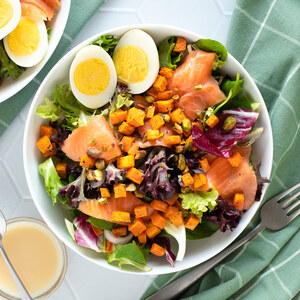 Smoked Salmon Salad with Egg, Roasted Sweet Potato & Pistachios