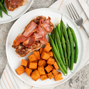 Pork Chop with Spiced Dates, Prosciutto, Green Beans & Sweet Potato