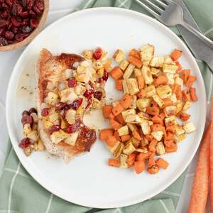 Seared Pork Chop with Cranberry-Pear Pan Sauce, Parsnips & Carrots