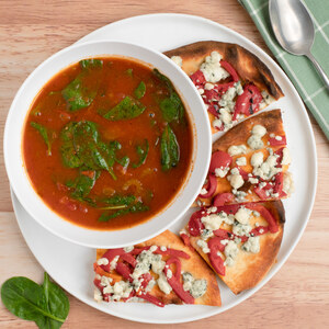 Indian Tomato-Spinach Soup with Blue Cheese & Roasted Red Pepper Naan