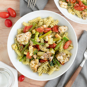 Basil Pesto Pasta with Chicken, Roasted Asparagus, Zucchini & Tomato
