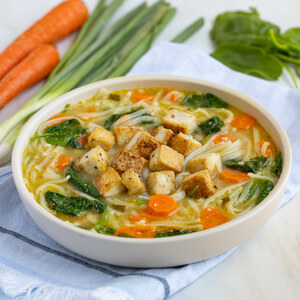 Spinach, Carrot & Rice Noodle Soup with Crispy Tofu